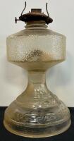 Matched Pair Pedestal Base Pressed Glass Oil Lamps&mdash;Amber & Clear, Embossed Swirl Pattern, c. 1920s&ndash;40s (FL 3) - 4