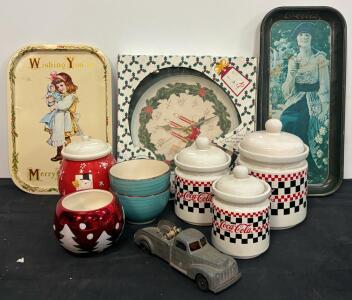 Lot of Two Vintage Tin Lithograph Trays, Vintage Coca-Cola Jars, Vintage Christmas and More (FL 3)