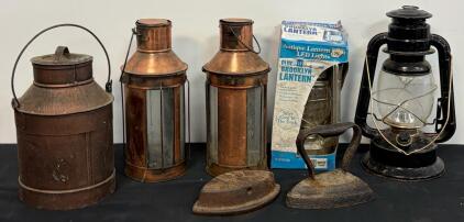 Antique Sad Irons, Copper Lanterns, Vintage Milk Can, Olde Brooklyn Lantern, Hurricane Light Lot (FL 5000)