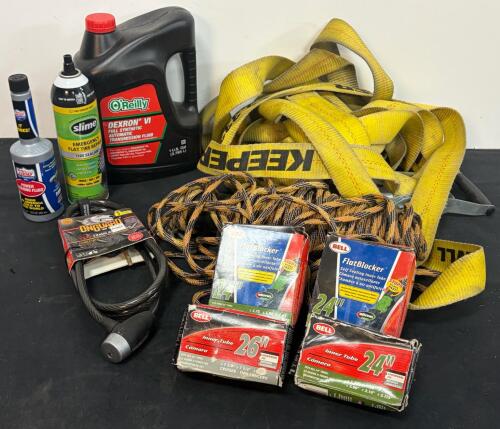 Mixed Lot: 4 Bell Bike Tubes, OnGuard Cable Lock, Keeper Tie-Down, Auto Fluids, Rope (FL 7)