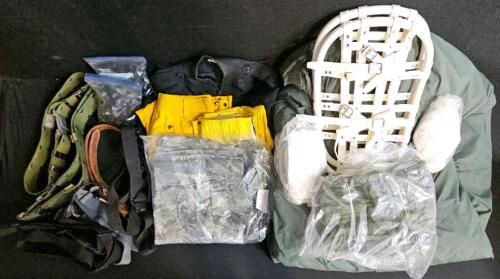 (#3)Mixed Military and Firefighter Lot: Sleeping Bag, Snow Shoes, Cold Weather Masks, Mittens, Fire Fighter Pants, and More!
