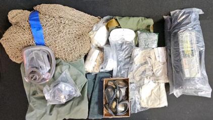 (#2) Military NBC Gear Lot &mdash; 2 lbs Camo Suit Yarn Black, Full-Face Gas Mask w/ Filter, Mil-Spec