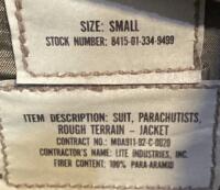 Military Parachutist Rough Terrain Suit, Size Small, 100% Para-Aramid, Stock 8415-01-334-9499 ( Shelf 7 ) - 2