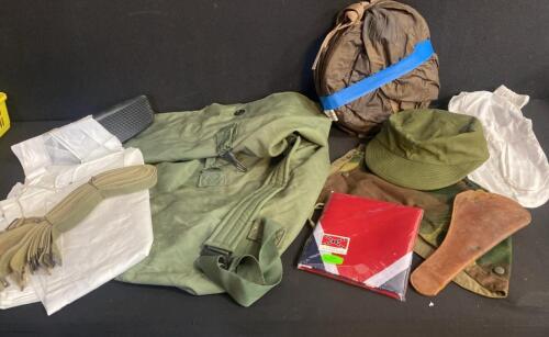 Military Surplus Lot: US Duffel, Field Cap, Holster, Rain Gear, 3x5 Confederate Flag, Web Belt ( Shelf 7 )