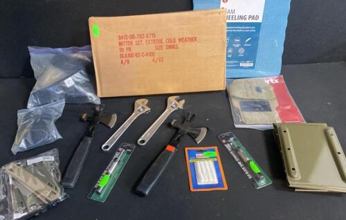 Assorted Military Surplus Lot: Extreme Cold Weather Mitten Set, Tools, and Gear ( Shelf 1 )