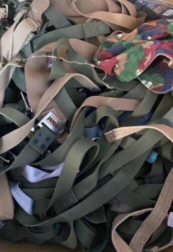Military Surplus Canvas & Nylon Belts, Straps, Mixed Camo Patterns, Lot of , Mixed Buckles 20x20x20 box full. - ( Shelf 7 )