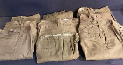 Lot of 9 Vintage Military Wool Field Trousers, Olive Drab, Side Adjusters, Button Fly, 1940s-50s - Various Sizes ( Shelf 10 )