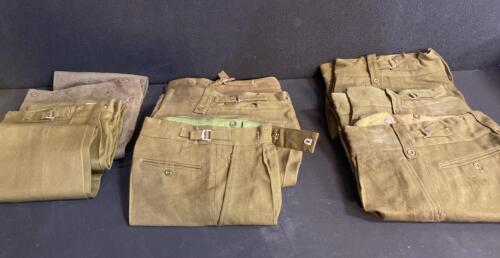 WWII Era Wool Military Trousers Lot, Side Buckles, Button Fly, U.S. Army Style, 8 Pairs- Various Sizes ( Shelf 10 )