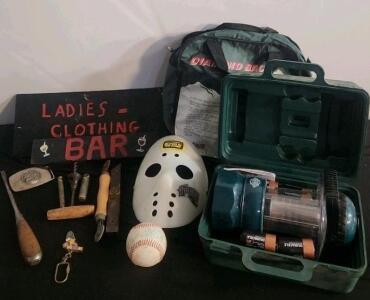 Vintage Collectibles Lot: Diamond Back Tire Chains, Signed D-Backs Baseball, Lantern, Tools & Mask Shelf-3