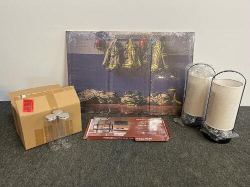 Madalen 23-65" TV Wall Mount, 18 PET Jars, 2 Portable Lamps w/LED Bulbs, Firefighter Canvas Art (shelf 6)