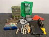 Green Plastic Utility Storage Crate with Molded Handles and Ventilated Design, misc hardware, misc paint brushes, cast iron, and more