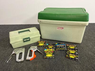 Vintage Coleman 54-Quart Steel Belted Cooler, Green and Off-White, with Metal Handles, small tackle box, (2) staplers, misc staples