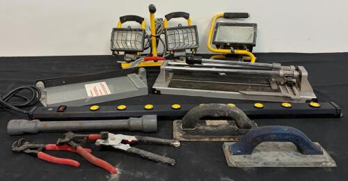 Contractor Tool Lot &ndash; GE Power Strip, QEP & SuperiorBilt Tile Cutters, Work Lights, Grout Floats (FL 5000)
