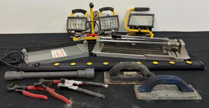 Contractor Tool Lot &ndash; GE Power Strip, QEP & SuperiorBilt Tile Cutters, Work Lights, Grout Floats (FL 5000)