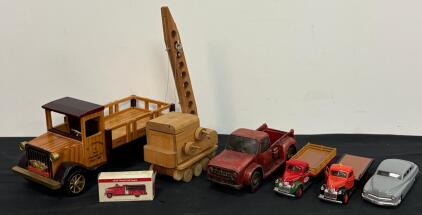 Large Vintage Toy & Model Vehicle Lot &ndash; Wood Trucks, Die-Cast Flatbeds, Crane, 6 pcs (FL 5000)