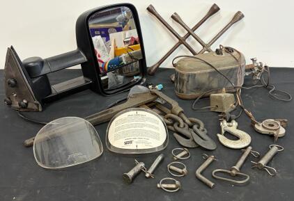 Assorted Automotive & Industrial Parts Lot: Truck Mirror, Scott Face Shield, Tow Hooks, Vintage Tank (FL 13)