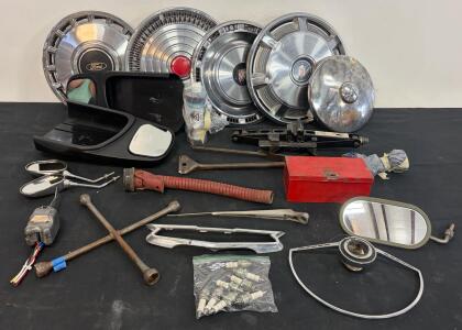 Vintage Car Parts Lot: 5 Hubcaps (Ford, Pontiac), Side Mirrors, Toolbox, Jack, Tire Irons