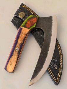 Handcrafted Ulu Knife, Carbon Steel Blade, Multi-Colored Laminated Wood Handle, Leather Sheath