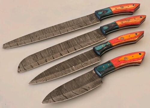 Handcrafted Damascus Steel Chef Knife Set &ndash; 4-Piece with Multicolor Wood Handles