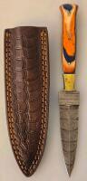 Handmade Damascus Fixed-Blade Knife with Multicolor Handle and Leather Sheath