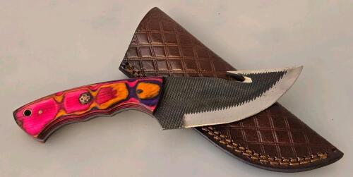Fixed Blade Gut Hook Hunting Knife, 4" Blade, Full Tang, Multicolor Wood Handle, Leather Sheath