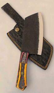 Hand-Forged Cleaver Knife, Carbon Steel, Custom Multicolor Wood Handle, Leather Sheath