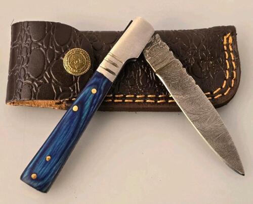 Custom Damascus Folding Pocket Knife &ndash; Blue Wood Handle, Leather Sheath, 3.5" Blade