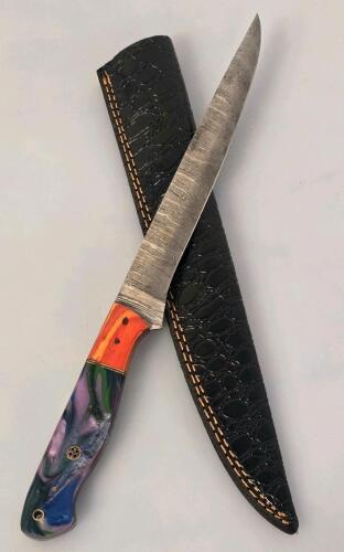 Custom Damascus Fixed Blade Knife &ndash; Multicolor Resin Handle, Mosaic Pin, Leather Sheath