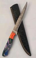 Custom Damascus Fixed Blade Knife &ndash; Multicolor Resin Handle, Mosaic Pin, Leather Sheath