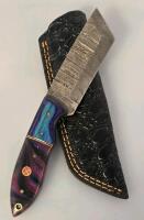 Custom Damascus Steel Fixed-Blade Knife with Resin Handle and Leather Sheath