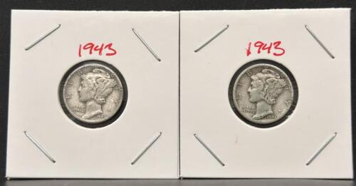 1943-D Mercury Dime Pair, 90% Silver, Denver Mint, WWII Era, Circulated Condition