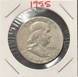 1955 Franklin Half Dollar Coin &ndash; 90% Silver, Circulated Condition