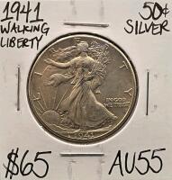 1941 AU55 Silver Walking Liberty Half Dollar