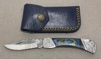 (2) Custom Damascus Folding Pocket Knives with Decorative Handles and Leather Sheaths - 2