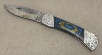 (2) Custom Damascus Folding Pocket Knives with Decorative Handles and Leather Sheaths - 3