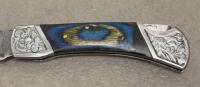 (2) Custom Damascus Folding Pocket Knives with Decorative Handles and Leather Sheaths - 4
