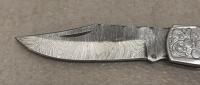 (2) Custom Damascus Folding Pocket Knives with Decorative Handles and Leather Sheaths - 5