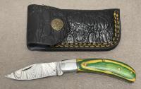 (2) Custom Damascus Folding Pocket Knives with Decorative Handles and Leather Sheaths - 7