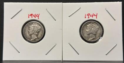 (2) 1944-S Mercury Dimes, 90% Silver, Circulated Condition