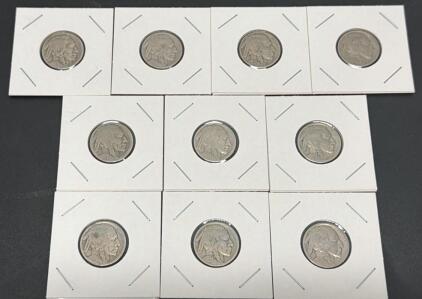 10x Buffalo Nickels Indian Head 1913&ndash;1938 Mixed Dates, Circulated US Coins Lot 5g Each