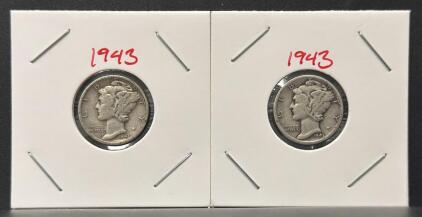 (2) 1943-S Mercury Dimes, 90% Silver, Winged Liberty Head, San Francisco Mint