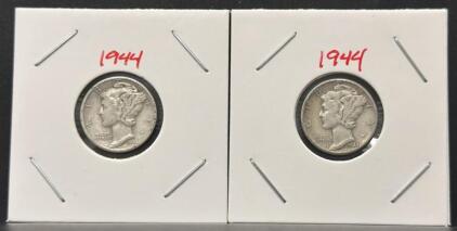 (2) 1944 Mercury Dimes (Silver, Winged Liberty Head), Philadelphia Issue, Circulated, 2x2 Holder