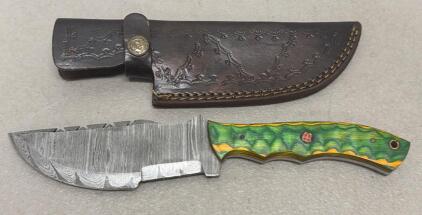 Custom Fixed Blade Knife, Damascus Steel, Mosaic Pin, Green Handle, Leather Sheath, 9" Overall