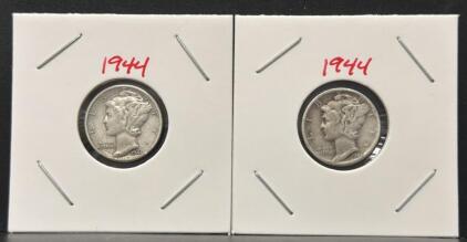 1944 Mercury Silver Dime Pair &ndash; Denver & Philadelphia Mints, 90% Silver, Circulated
