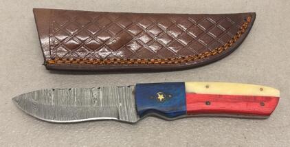 Damascus Steel Fixed-Blade Knife with Texas Flag Handle and Leather Sheath
