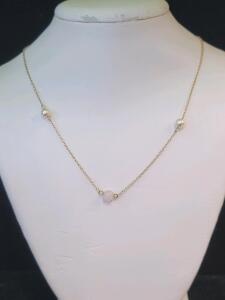 14K Gold Station Necklace with Cultured Pearls and Rose Quartz