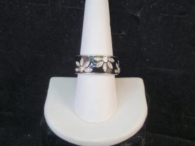 Sterling Silver Floral Band Ring, 925 Marked, Black Enamel, Cubic Zirconia Accents, China
