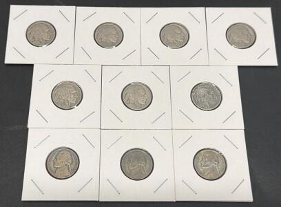 Buffalo and Jefferson Nickel Lot, 1935&ndash;1947, Wartime Silver 1943, 10 U.S. Coins, 5c