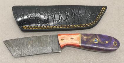 Custom Damascus Cleaver Knife &ndash; Full Tang, Mosaic Resin/Wood Handle, Sheath Included
