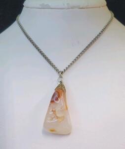 Agate Gemstone Pendant Necklace, Silver-Tone Chain, 18-Inch, Unique Trapezoidal Shape